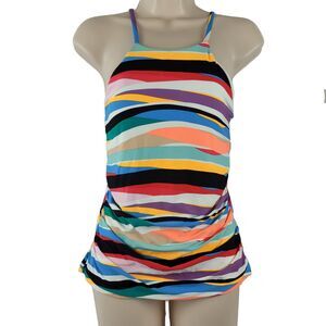 Anne Cole Womens Tankini Top Size XS Multi Stripe Printed High Neck Swim